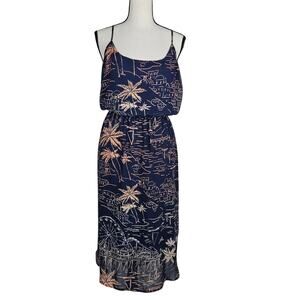 Old Navy Midi Dress Womens XL Navy Scenic Palm Tree Coastal Sleeveless Resort